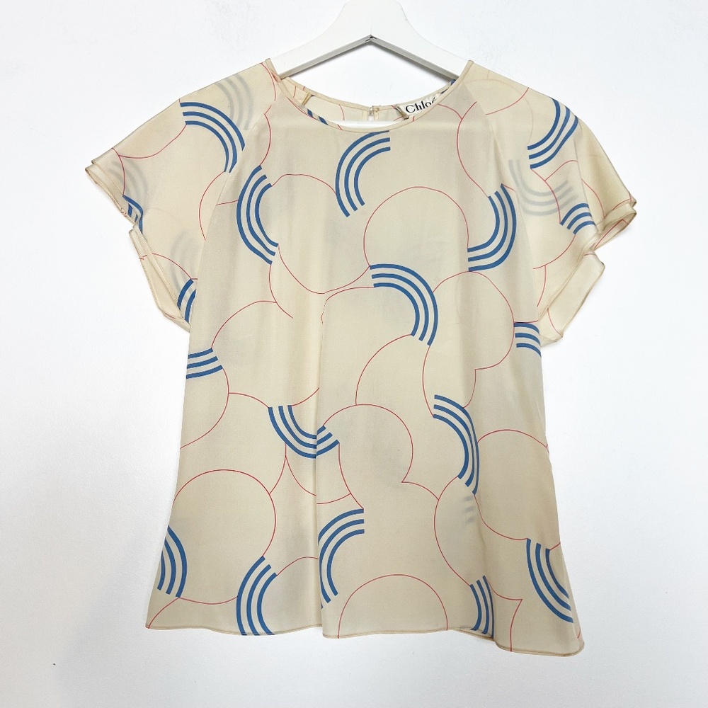 Chloe Women Blouse Tank Sleeveless Top Size S Small Cream Pink Blue Silk Vintage